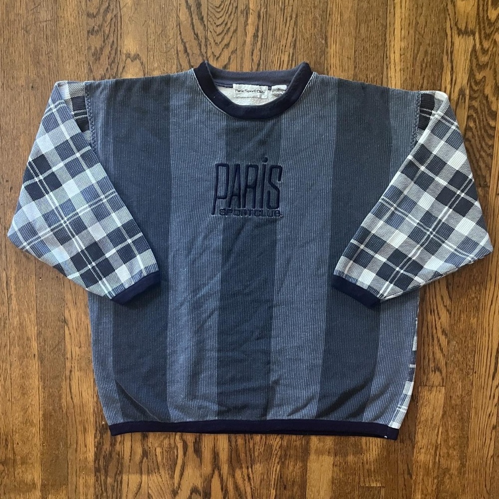 90s Vintage Paris Sport Club Checkered & Stripe Colorblock Crewneck Sweatshirt